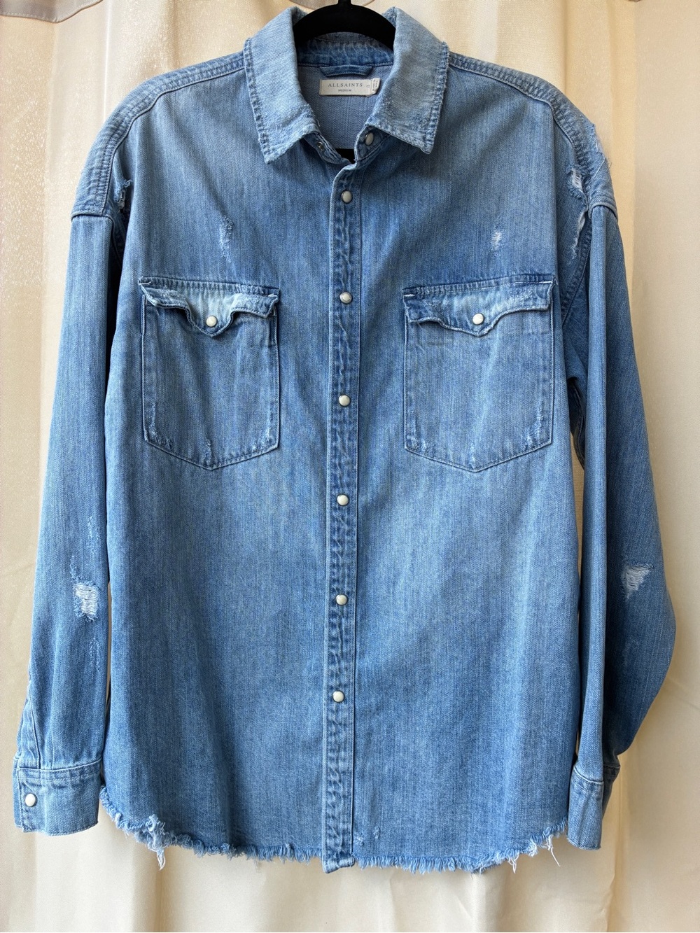 AllSaints Intor Denim Western Distressed Pearl Snap Shirt Medium